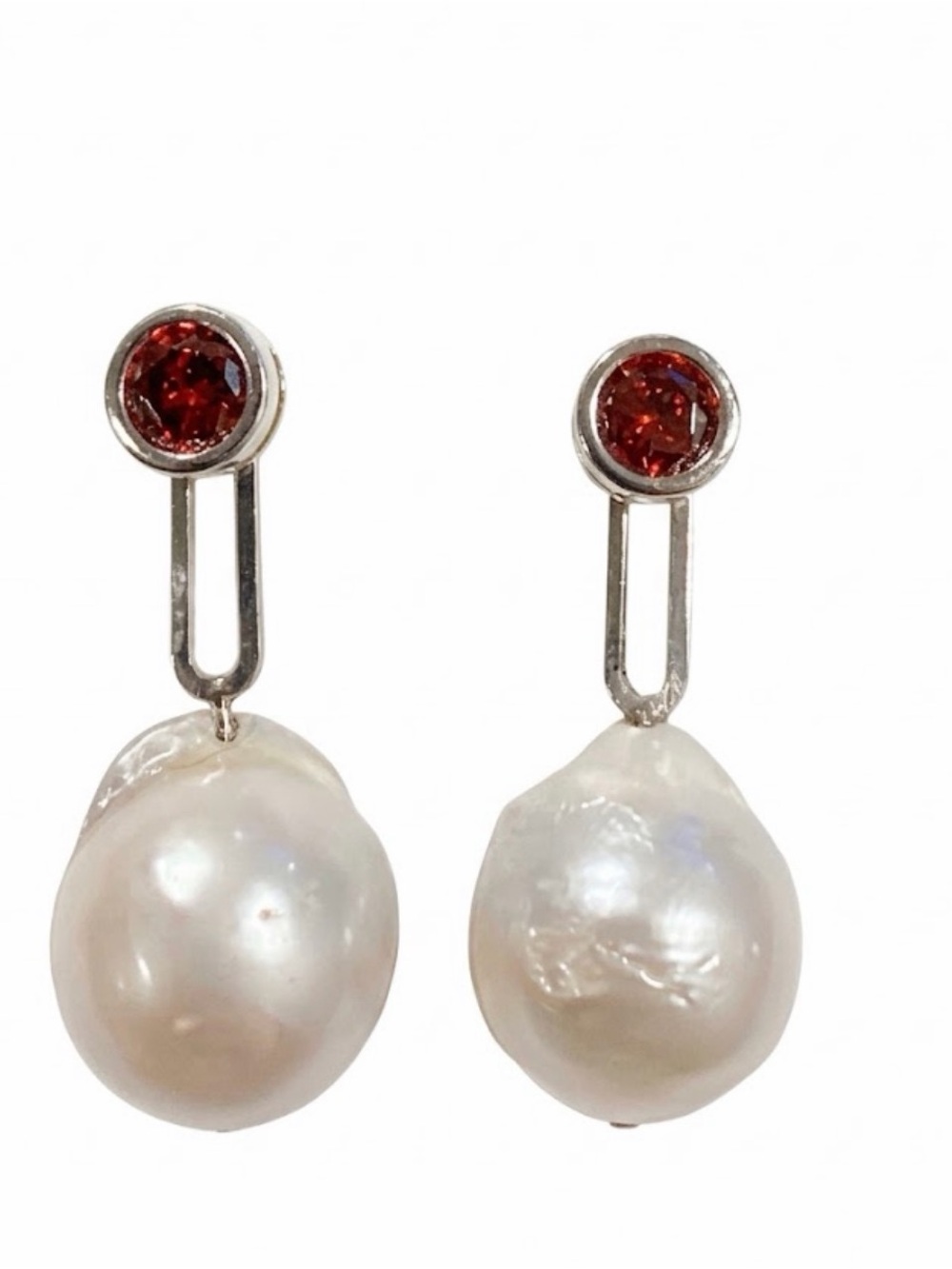 2-in-1 Sterling Silver Red Zirconia Studs | Pearl Drop